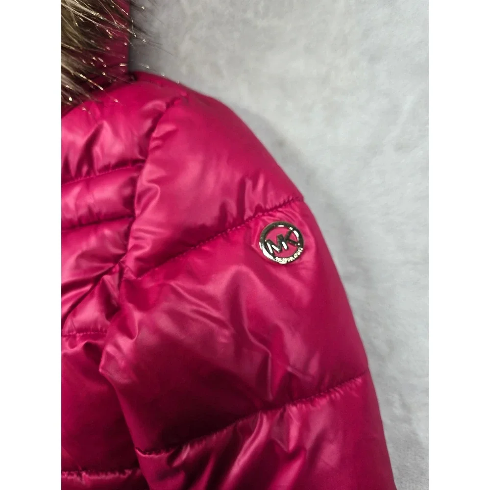 Michael‎ Kors Puffer Jacket Girls 5/6 Pink Faux Fur Removable Hood Coat